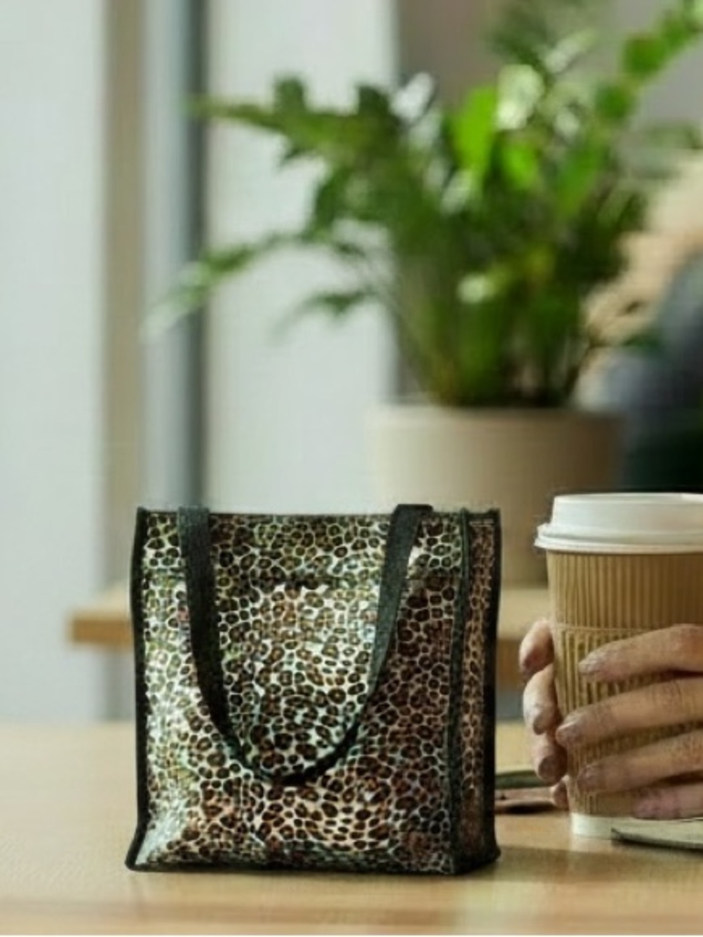 LEOPARD PRINT SMALL NYLON LUNCH TOTE WITH HANDLES BROWN BLACK TAN